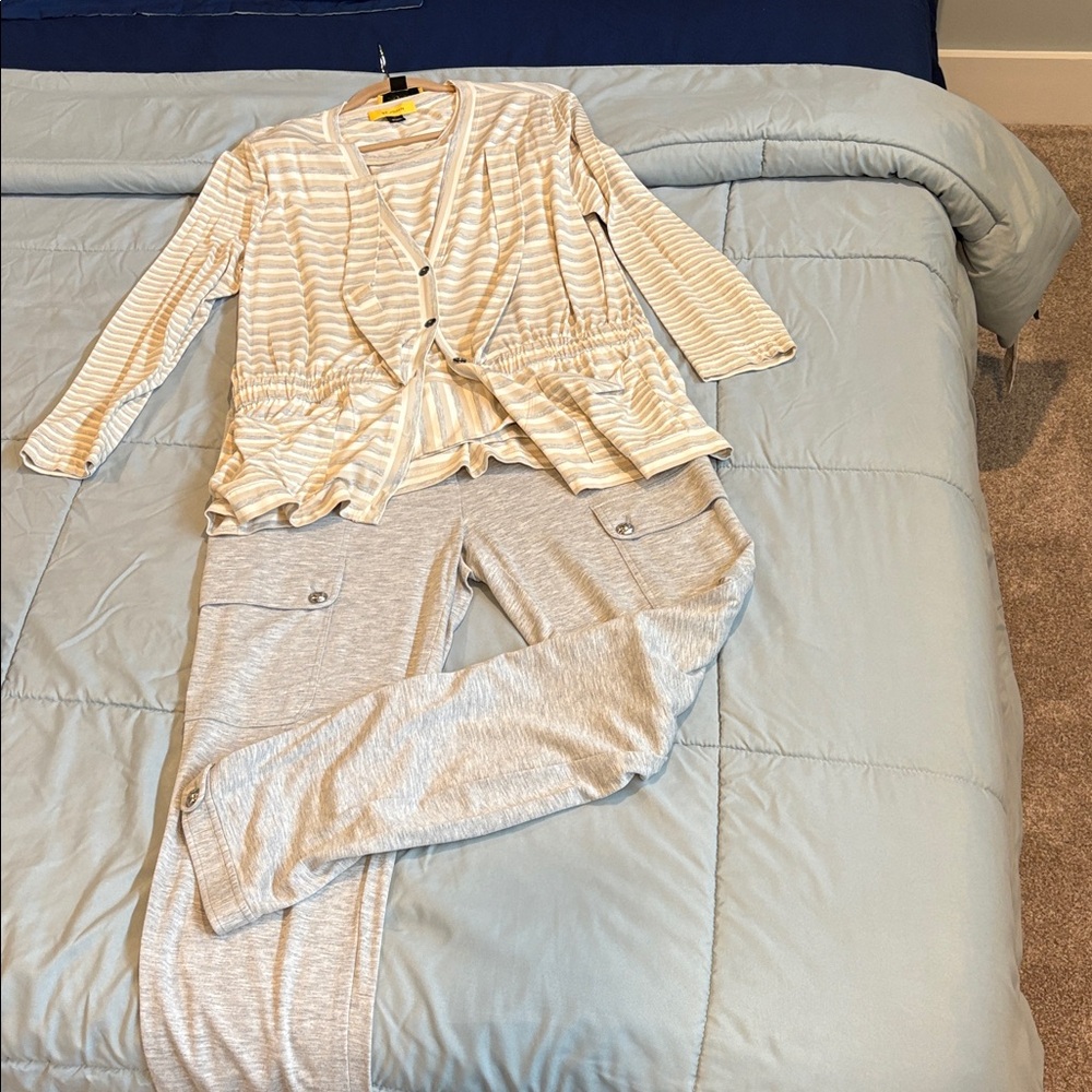 St. John Cream and Gray Striped Top
